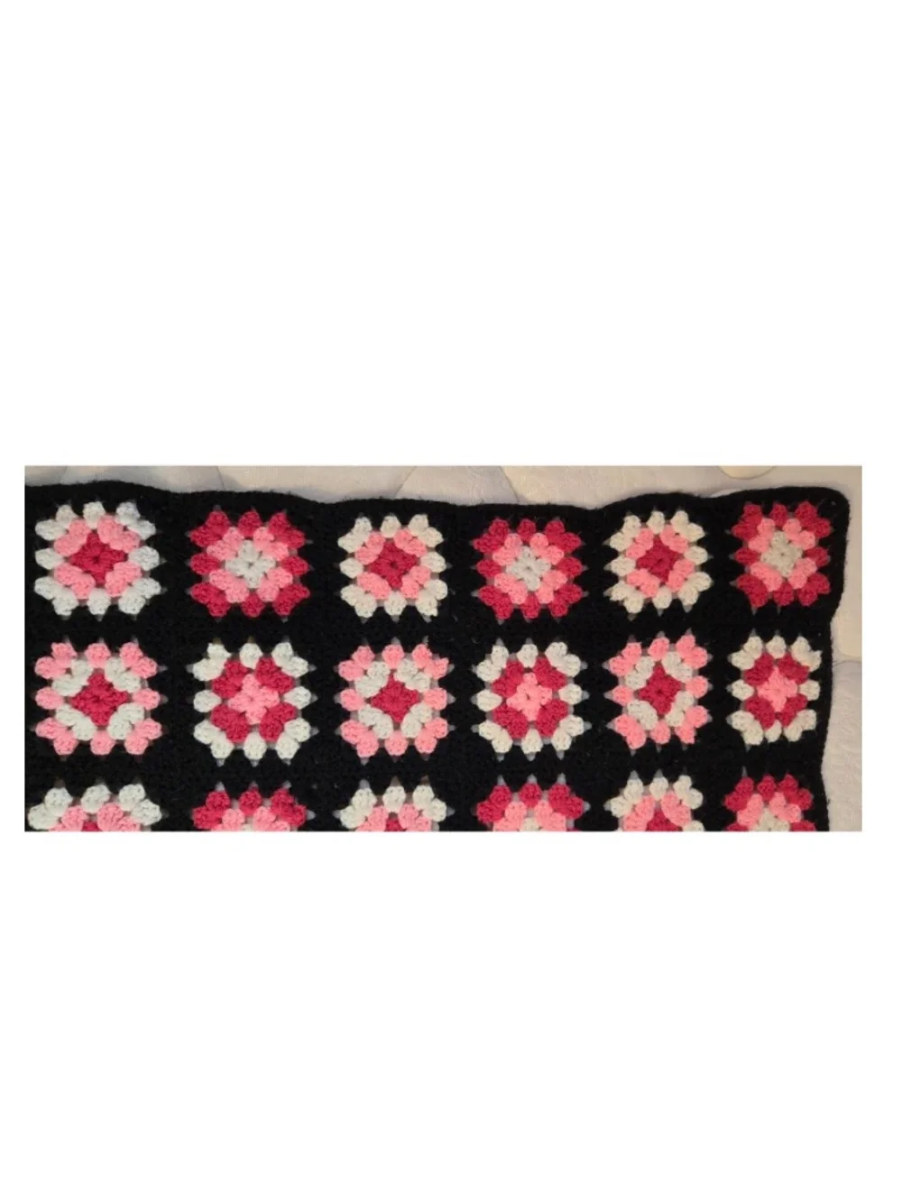 Vintage 80s Blanket Queen Hand Crocheted Black Pink White Granny Square Home VTG
